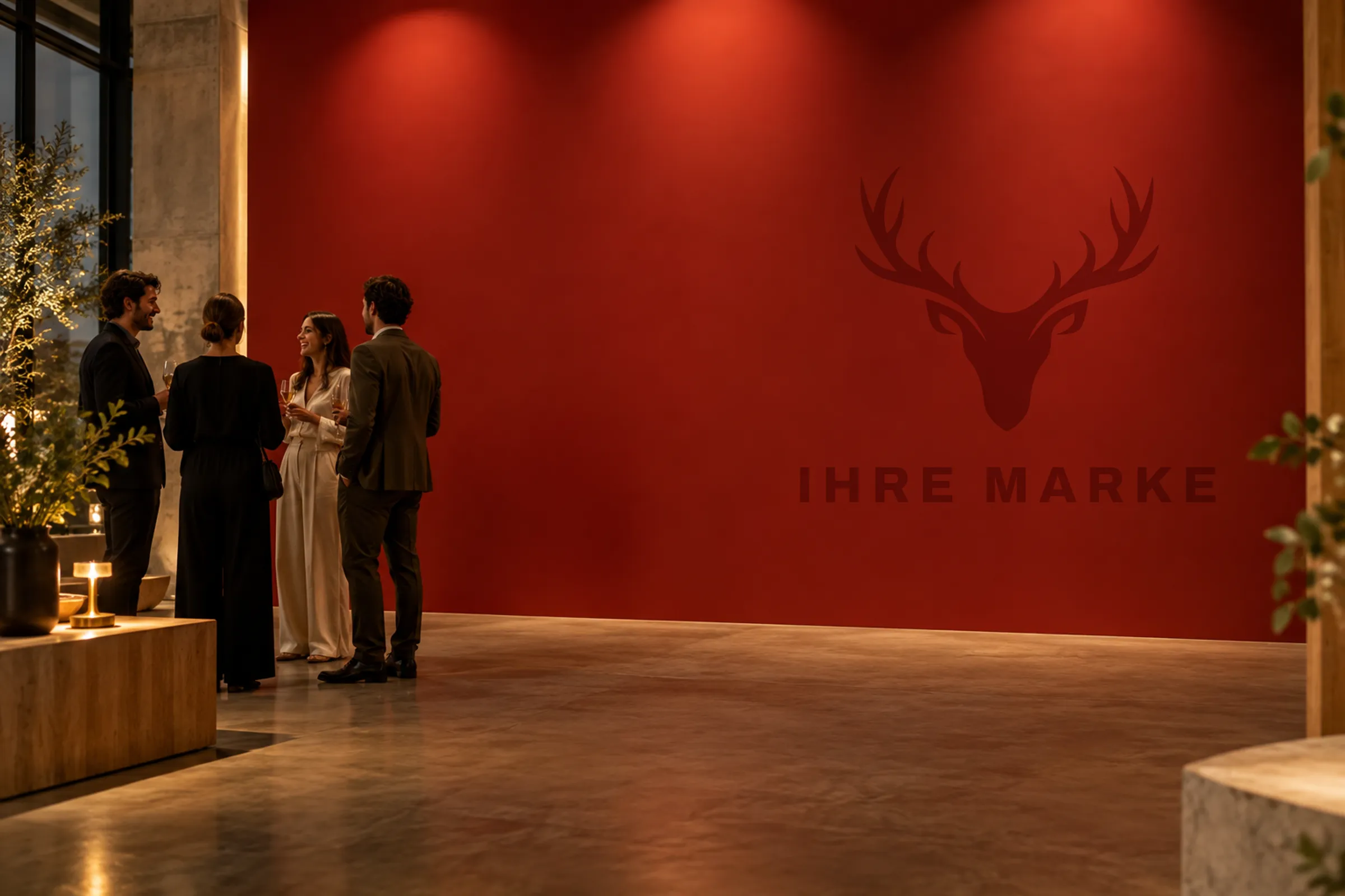 Evening reception in front of a red wall with the example brand’s stag head and wordmark, tone on tone