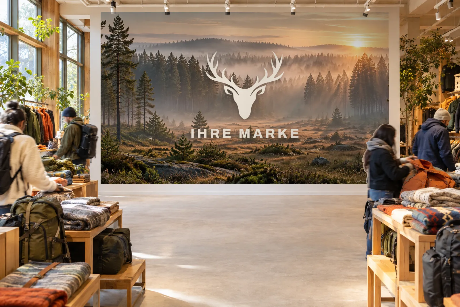 The same store, a forest clearing with the example brand’s large logo printed seamlessly on the wall