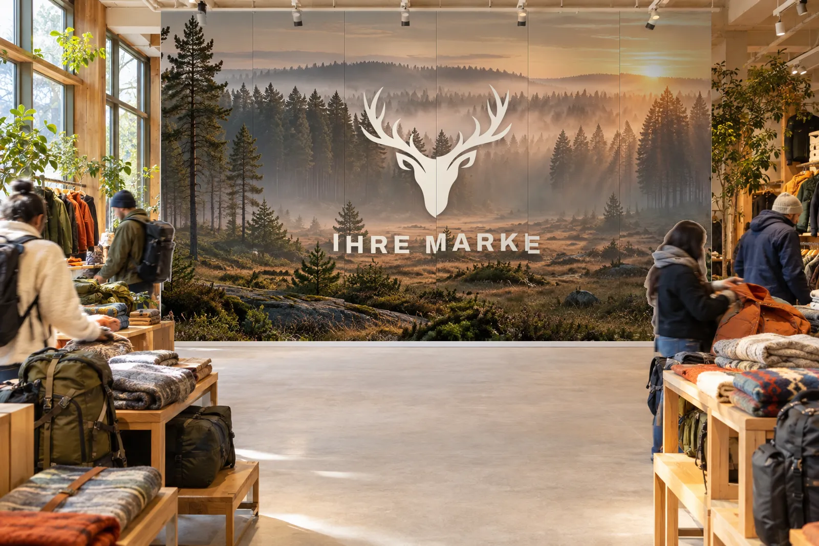 Outdoor store with the same design as photo wallpaper, with strips and seams running through the logo