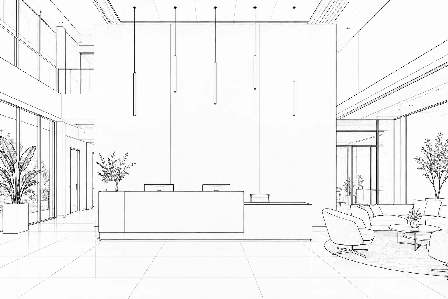 CAD-Entwurf eines Empfangsbereichs mit eingezeichnetem Logo an der Wand