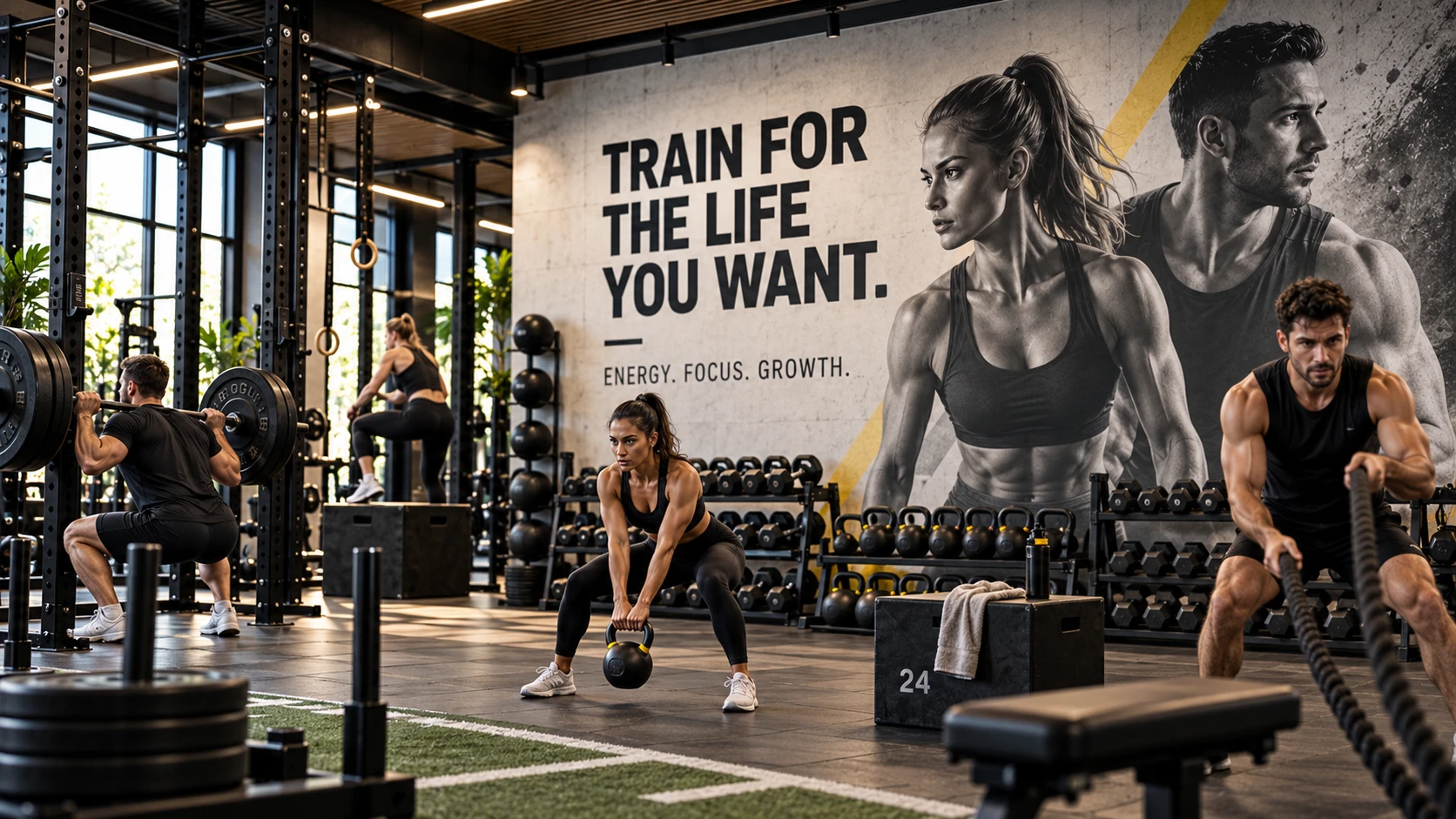 Fitnessstudio mit großem Motivationsmotiv an der Wand