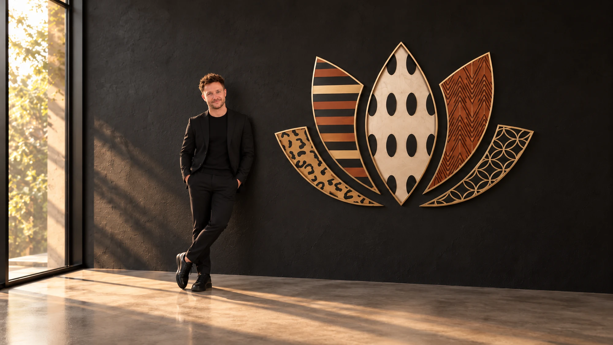 Jonas Heckmann lehnt an einer dunklen Wand mit dem Logo von Interior Enthusiast