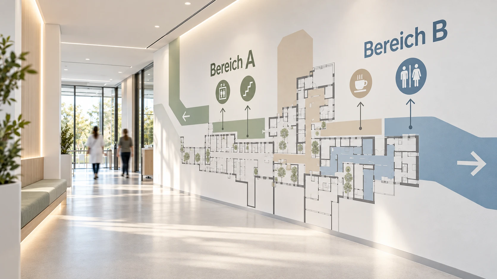 Heller Klinikflur mit gedrucktem Leitsystem, Bereichsfarben und Piktogrammen