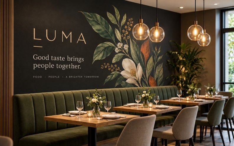 Restaurant mit botanischer Illustration an der Wand