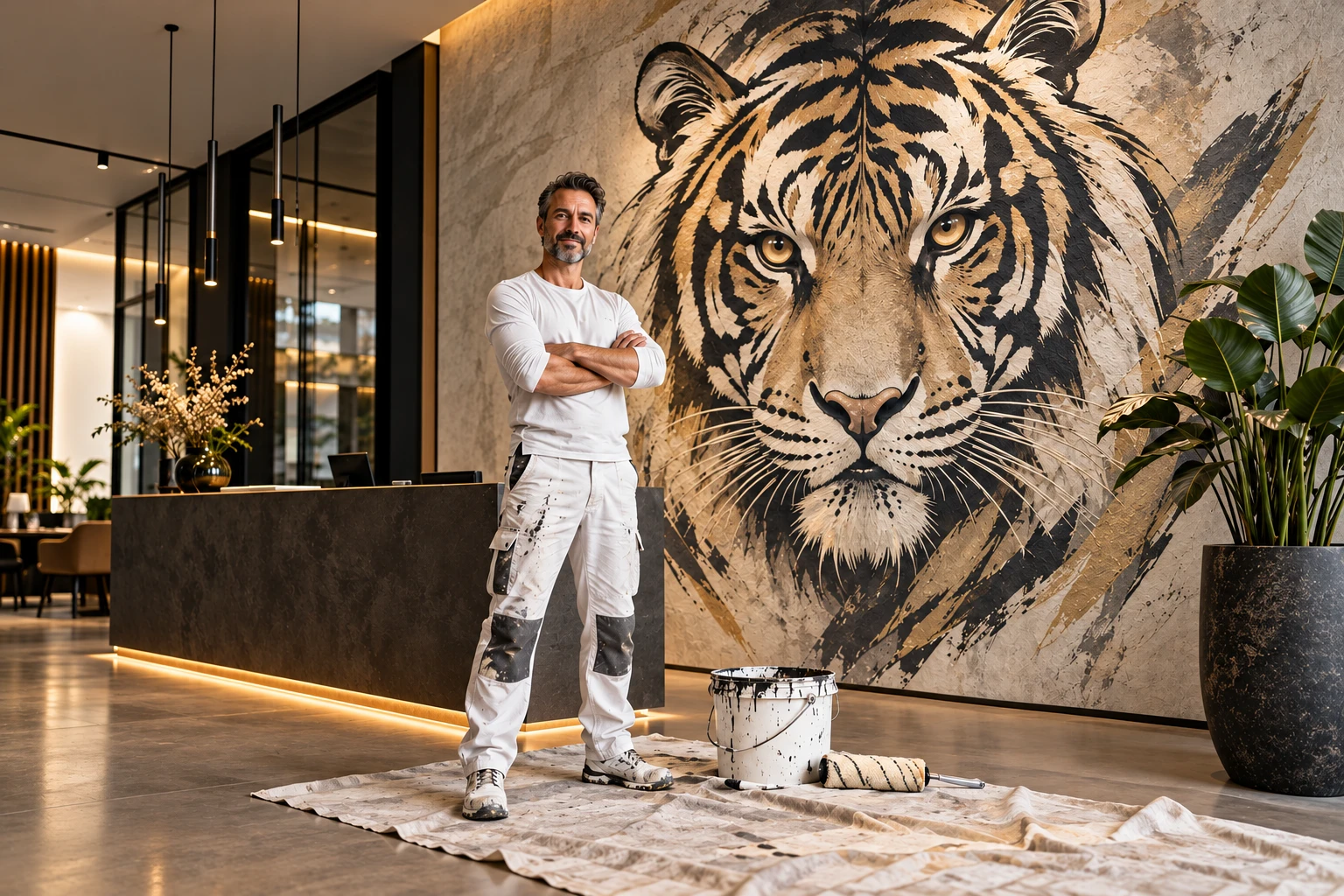Painter in front of a large tiger mural in an office reception area