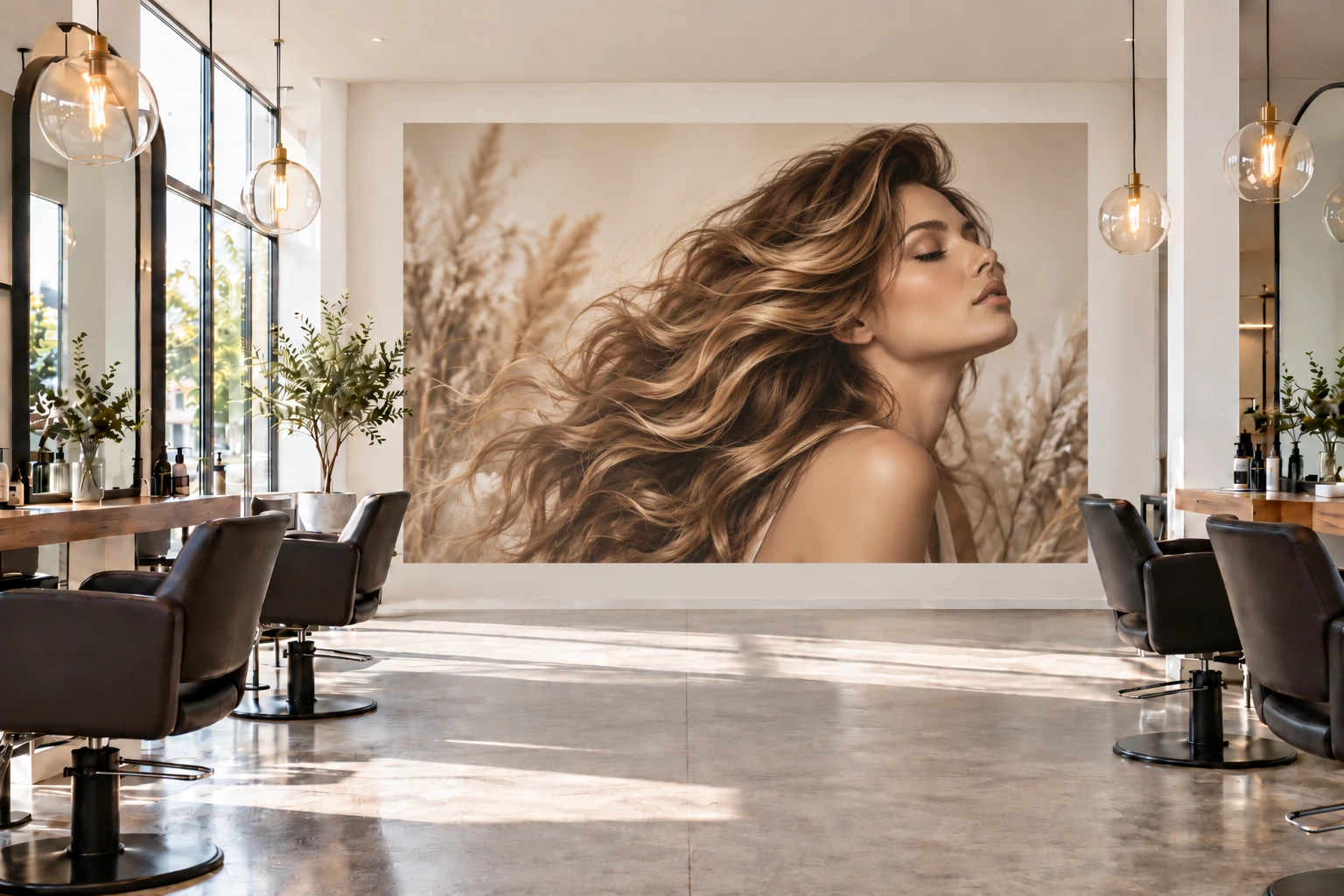 The same hair salon with a large portrait printed on the wall