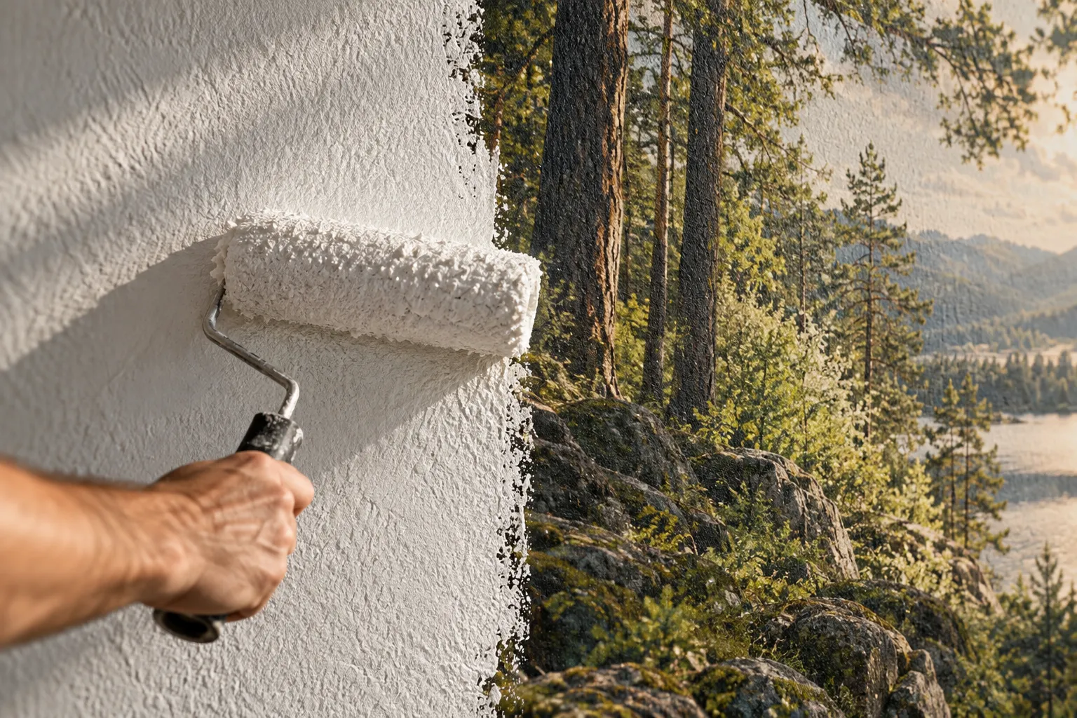 Paint roller painting a wall white, next to a printed forest design