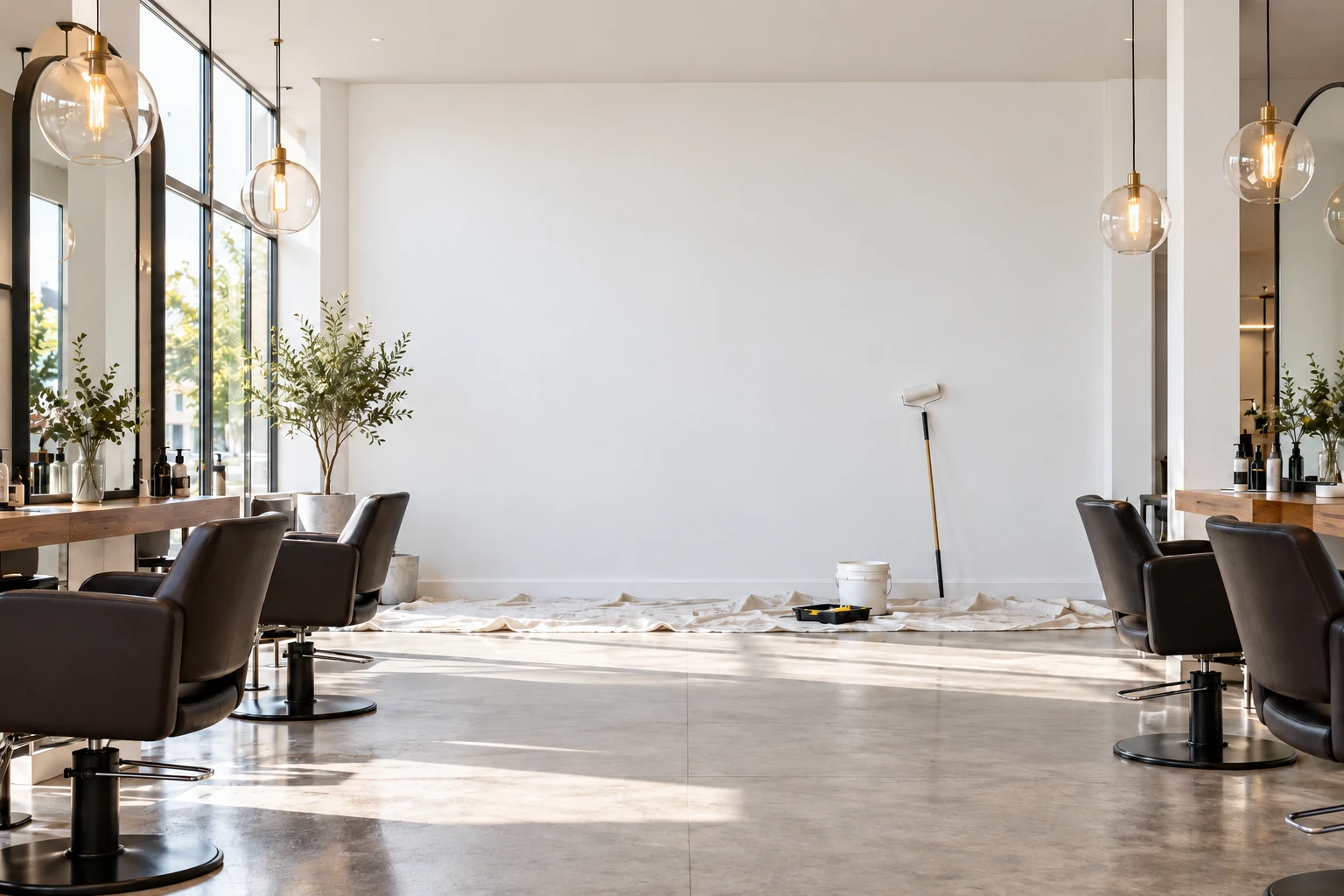 Hair salon with a freshly painted, empty back wall