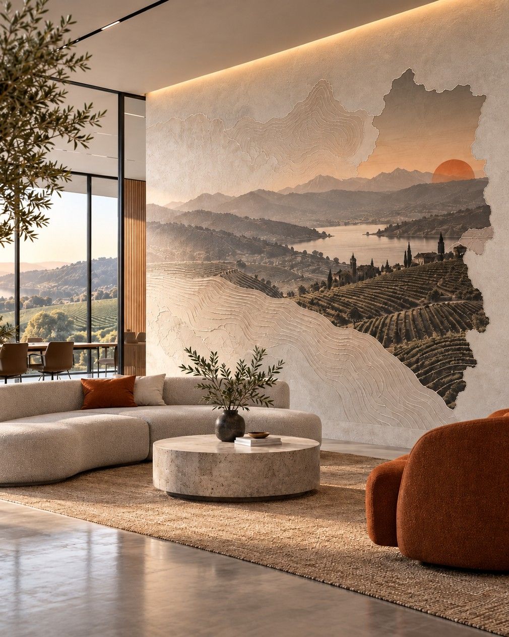 Wohnbereich mit gedruckter Pfalz-Landschaft an der Wand