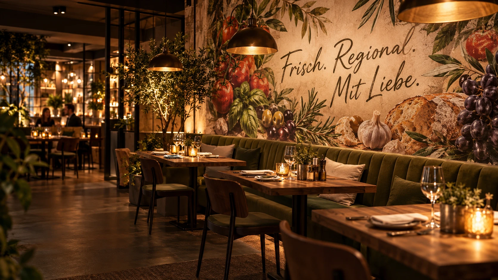 Restaurant mit gedruckten frischen Zutaten und dem Satz Frisch, Regional, Mit Liebe